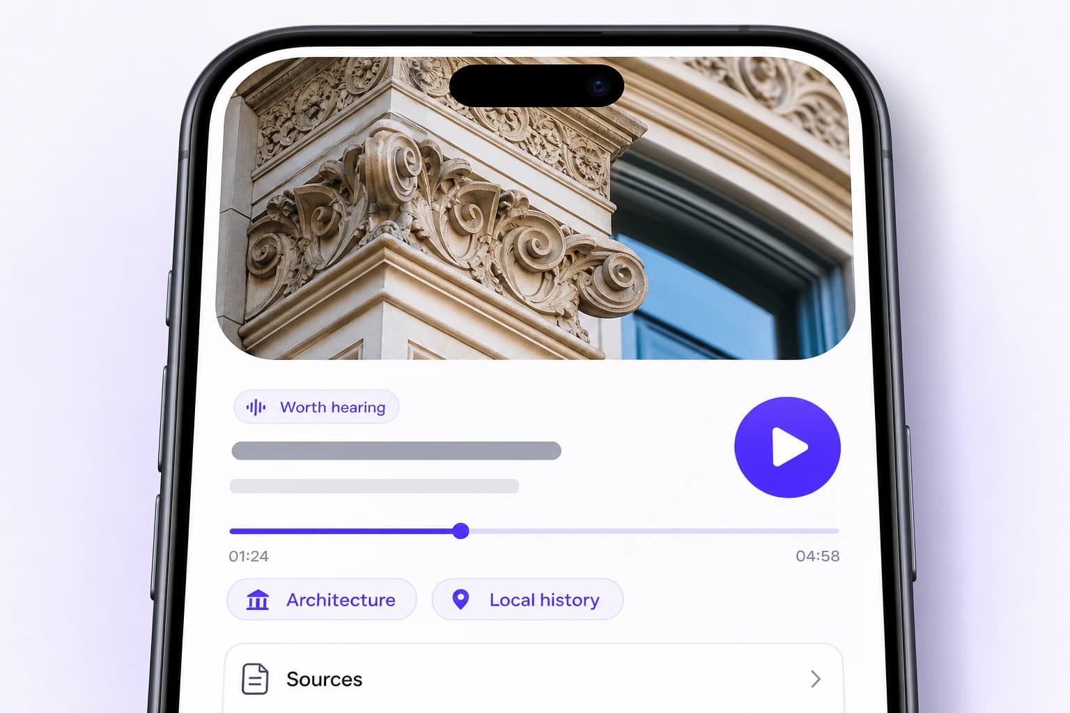 A close PinSpark story screen with architecture imagery, playback controls, topic labels, and a sources section.